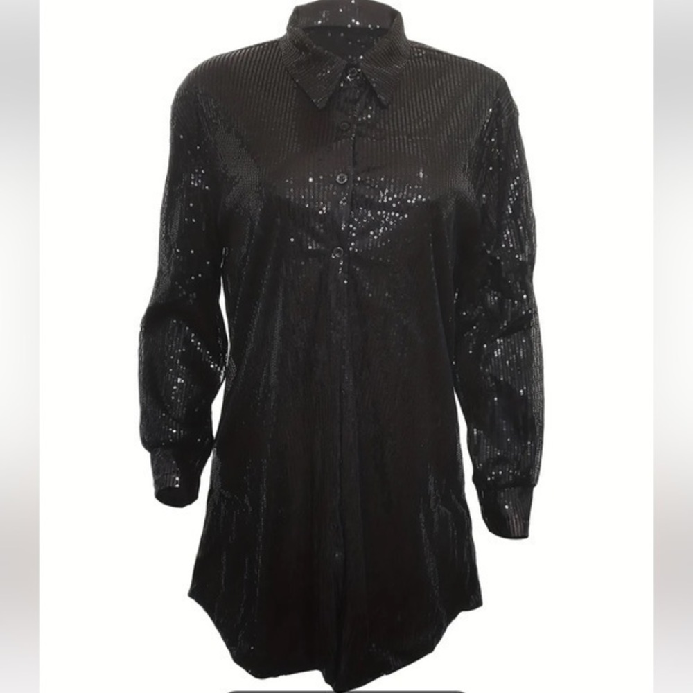 Black Sequin Shirt Dress - Elegant Evening Shirt Dress